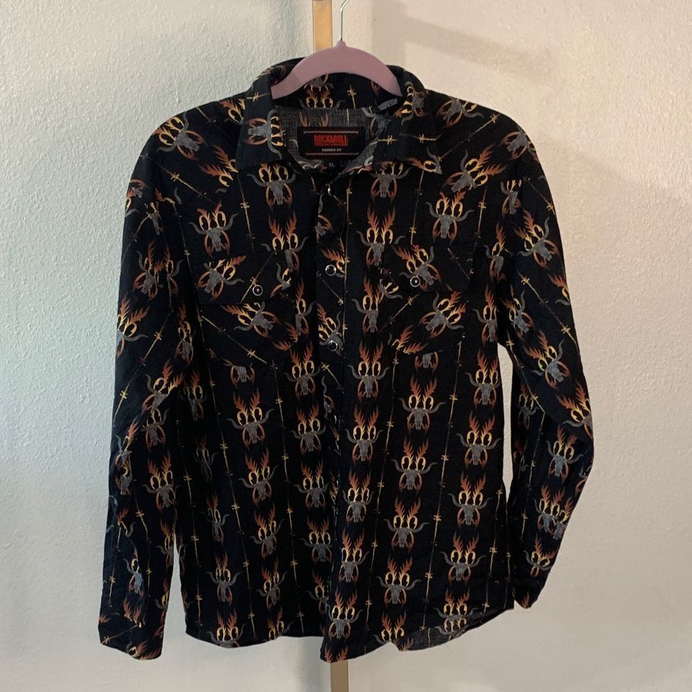 Men's Black and Orange western skull Patterned Shirt- modern fit- size XL